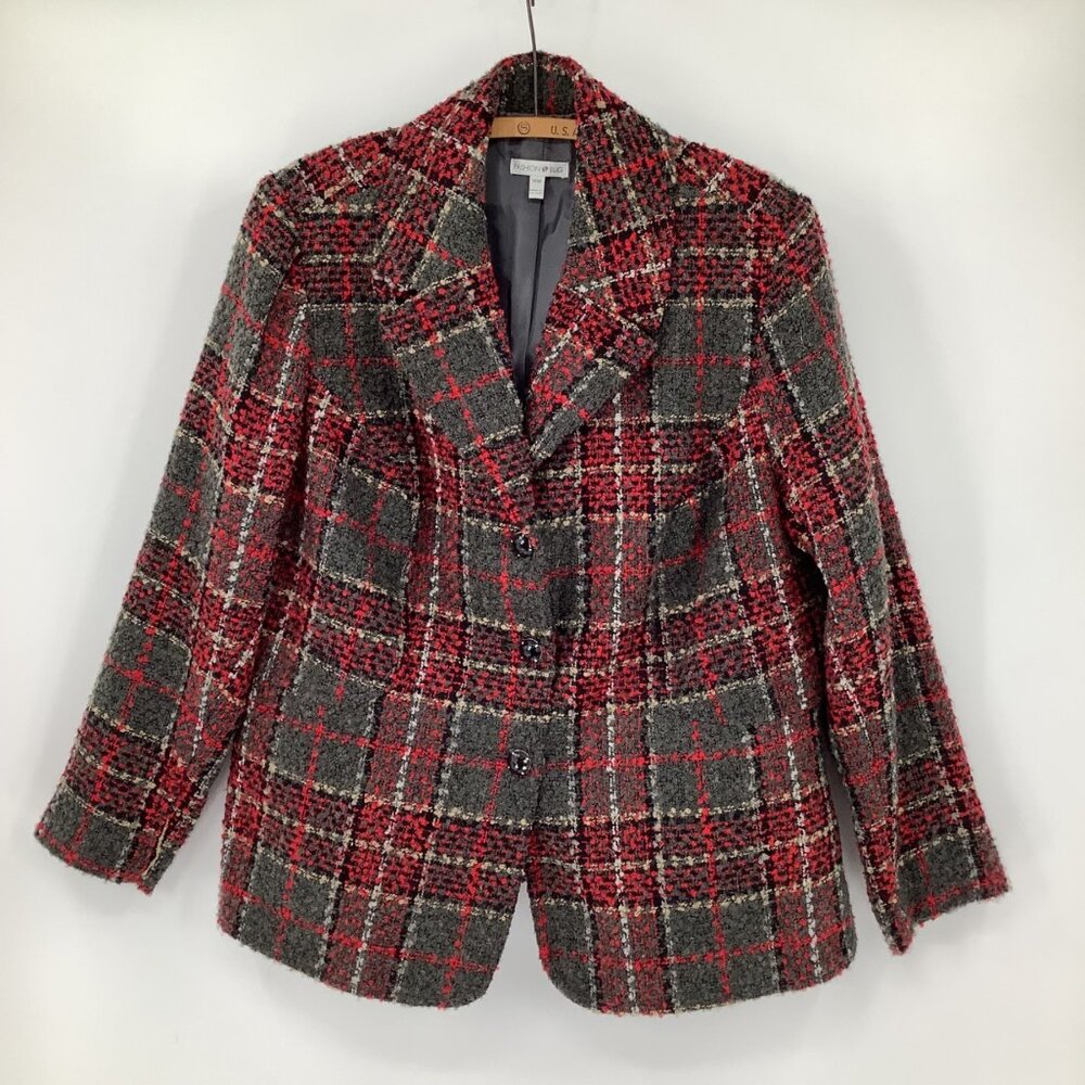 Fashion Bug Blazer 16W Women’s Red & Gray Plaid Tweed With Button Closure Office - Picture 1 of 9